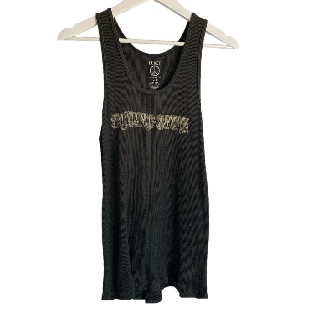 Lucky Brand Rolling Stone Ribbed Tank Top L/XL Gray Graphic 100% Cotton